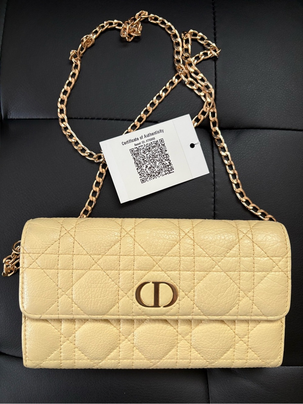 Christian Dior Cannage leather long wallet on chain in pale yellow